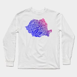 Colorful mandala art map of Romania with text in blue and violet Long Sleeve T-Shirt